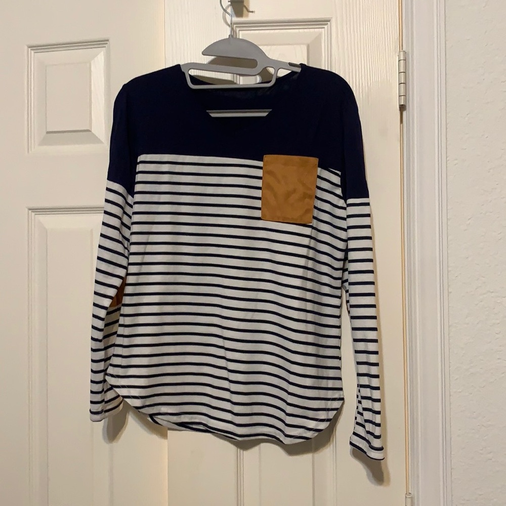 navy and white striped longsleeve top